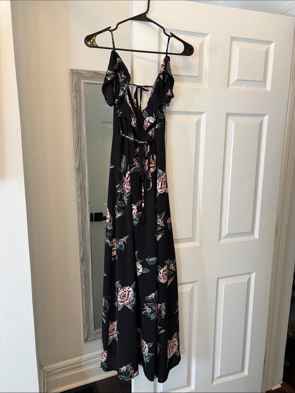 Black Floral Wrap Maxi Dress with Pink Rose Print